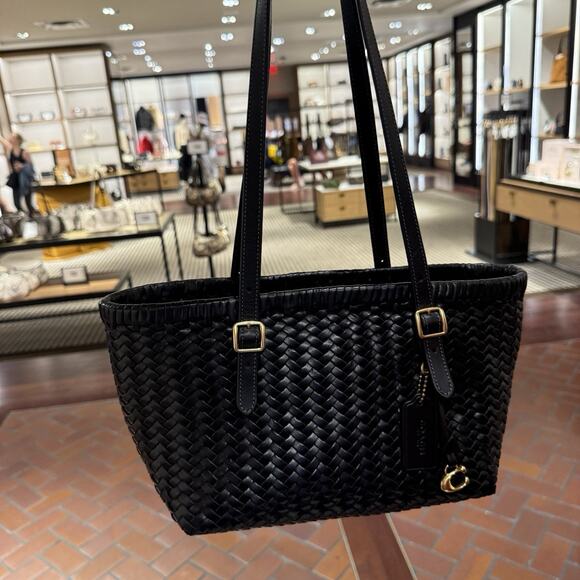 Coach Woven Leather Swing Tote Carryall Shoulder CBF83 Black - Picture 8 of 16